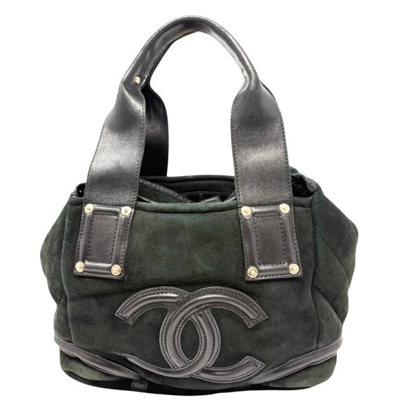 CHANEL Vintage 2006 CC Logo Shearling Tote Bag Handbag Black Gold Suede [106429] - Picture 5 of 14